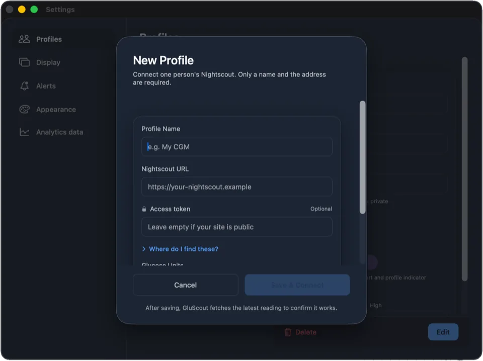 Add Profile on first run: name, Nightscout address and optional access token