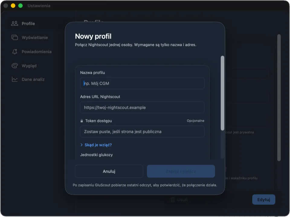 Dodawanie profilu przy pierwszym uruchomieniu: nazwa, adres Nightscout i opcjonalny token dostępu