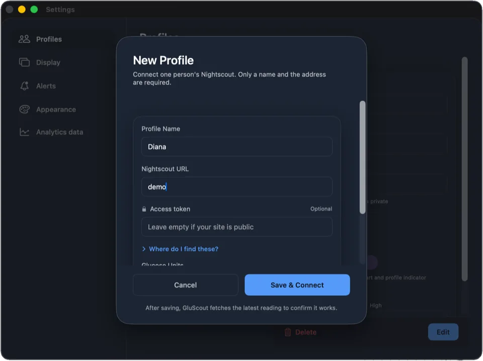 Add Profile form filled in with a name and the demo address, ready to save