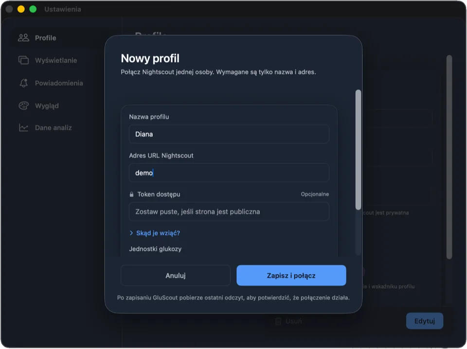 Formularz dodawania profilu z wpisaną nazwą i adresem demo, gotowy do zapisania