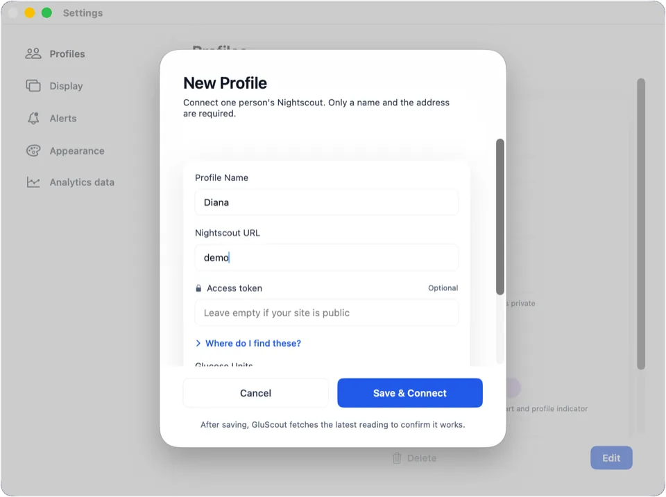 Add Profile form filled in with a name and the demo address, ready to save