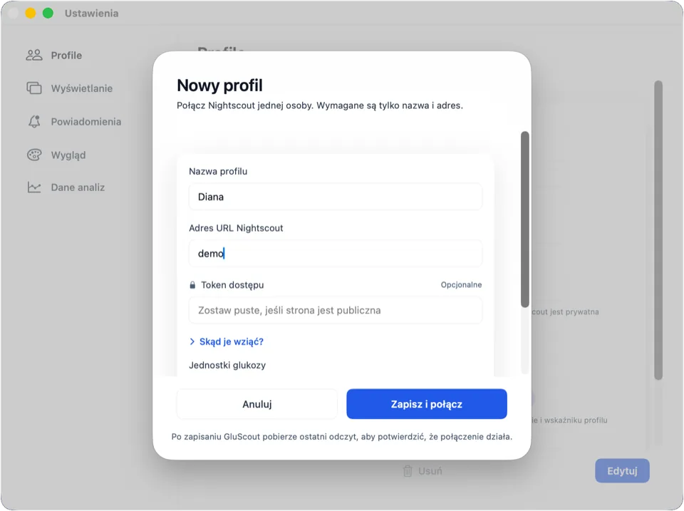 Formularz dodawania profilu z wpisaną nazwą i adresem demo, gotowy do zapisania