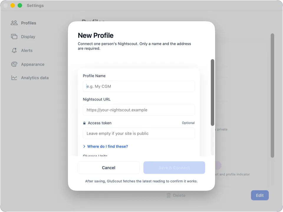 Add Profile on first run: name, Nightscout address and optional access token