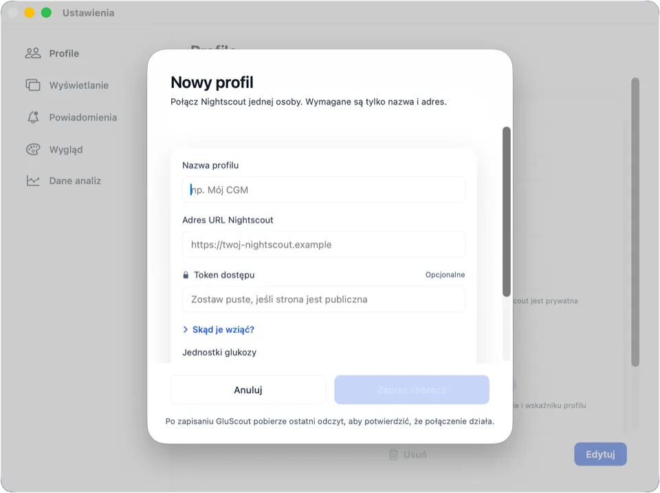 Dodawanie profilu przy pierwszym uruchomieniu: nazwa, adres Nightscout i opcjonalny token dostępu