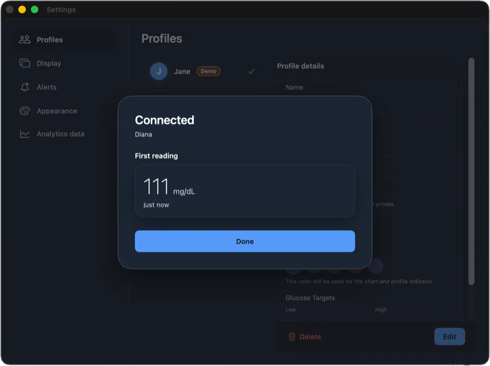 Add Profile after a successful connection, showing Connected and a first sample reading