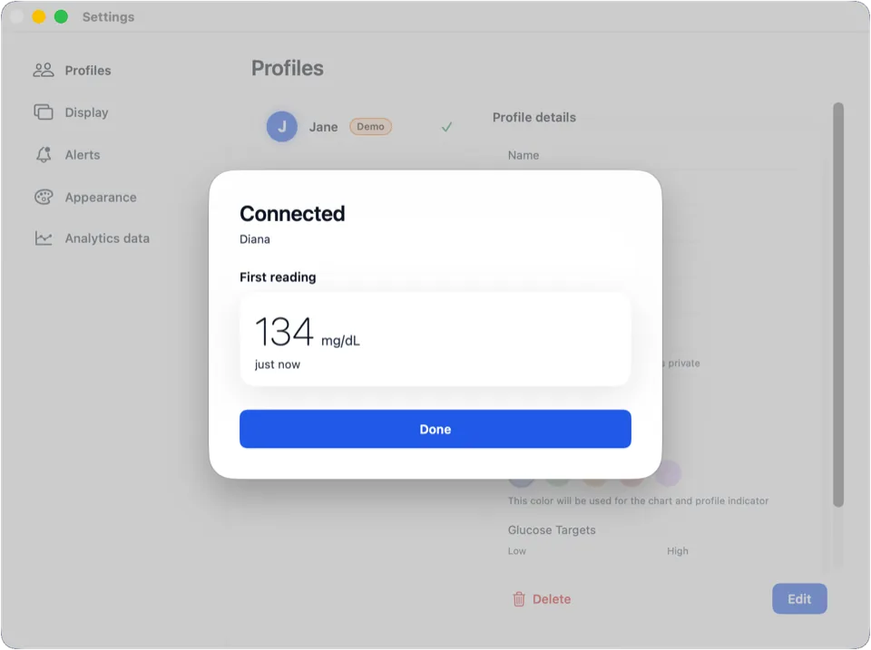 Add Profile after a successful connection, showing Connected and a first sample reading