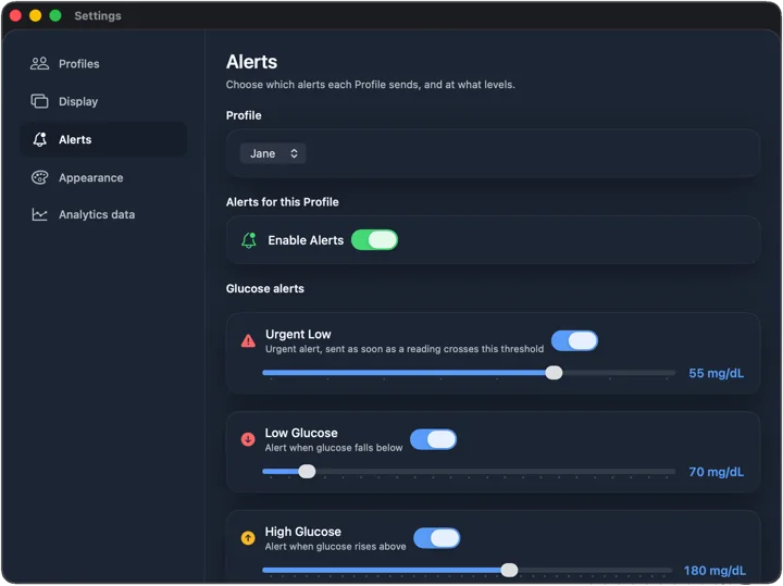 Alerts settings for one Profile: urgent low, low and high thresholds