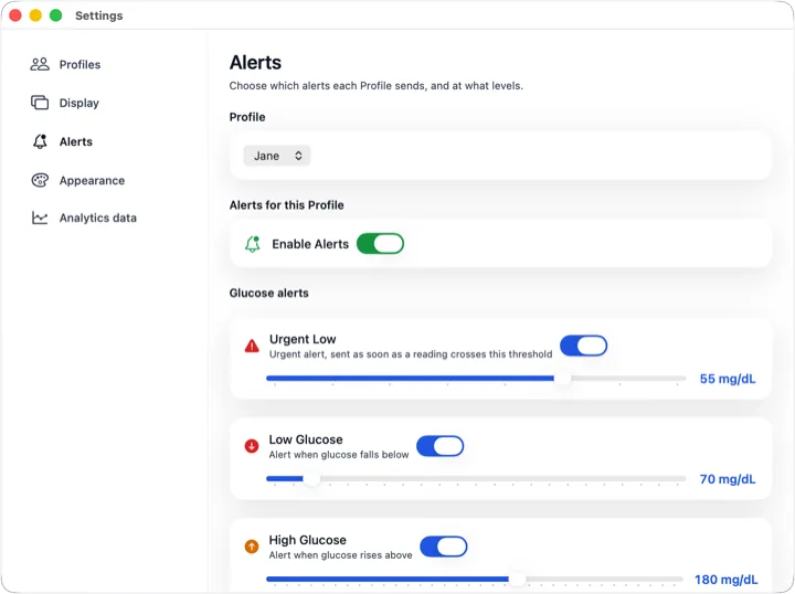 Alerts settings for one Profile: urgent low, low and high thresholds