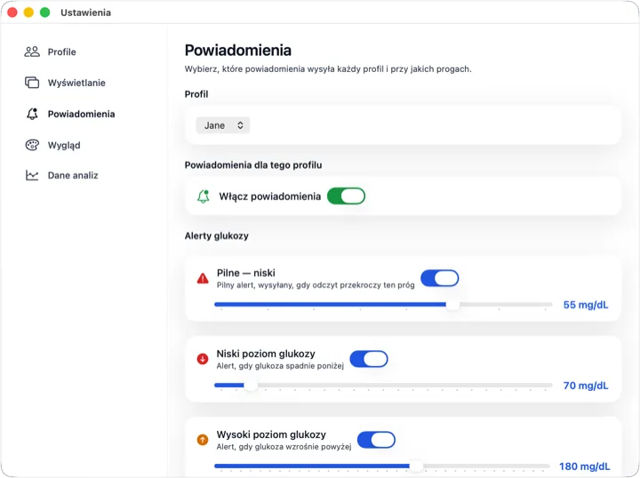 Ustawienia alertów dla jednego profilu: progi pilnie niski, niski i wysoki